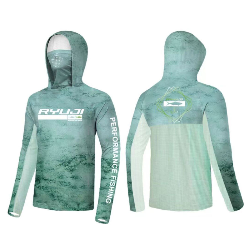 RYUJI UV PERFORMANCE HOODIE SHIRT+NECK, GREEN SKY - 1